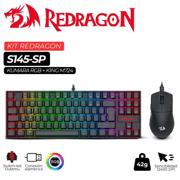 COMBO REDRAGON S145 TECLADO KUMARA K552 RGB + MOUSE K1NG M724